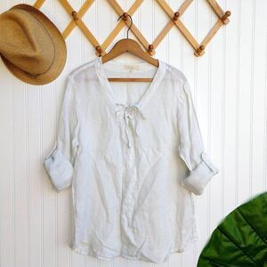 Side Stitch White Linen lace Up Top Size M Roll Tab Sleeves Lagenlook Blouse